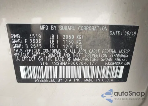 2019 Subaru Legacy 2.5I Premium z USA, uszkodzony, nr VIN 4S3BNAF60K3040172